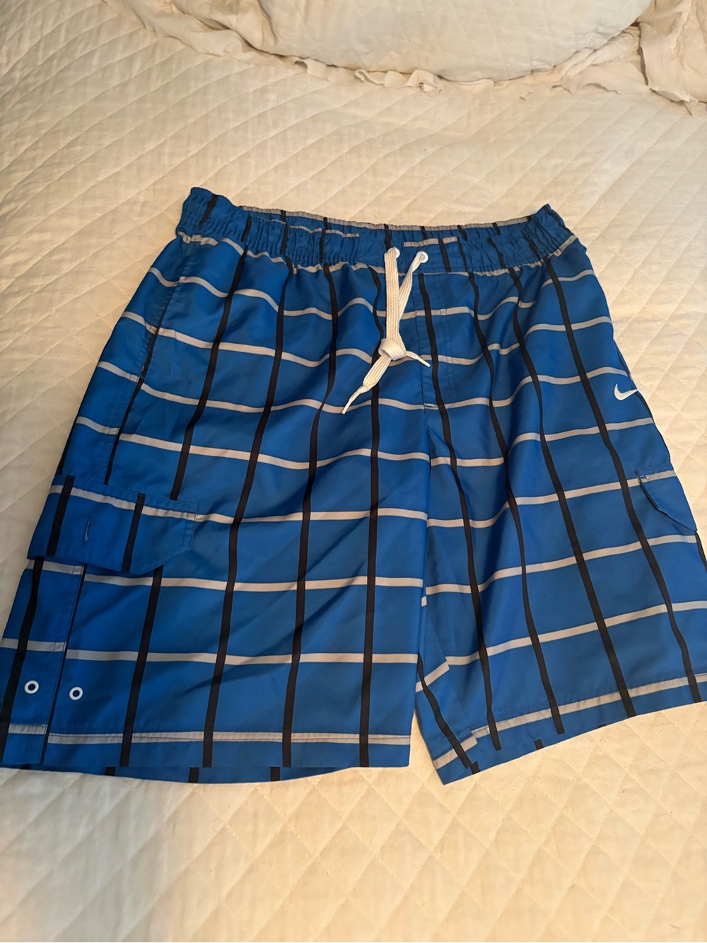 Nike Blue Plaid Athletic Swim Shorts with Drawstring